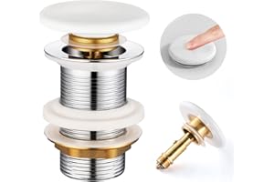 KULACO raccord de vidange évier sans trop-Plein, vanne de vidange à soupape en Laiton, raccord de vidange en céramique Blanc, Bouchon de vidange G1 1/4 Pouce pour lavabo