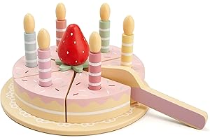HOOGA PLAYROOM Hooga Wooden Birthday Cake Toy Pretend Play Food Toys for Kids, Pretend Role Play DIY Birthday Cutting Toy Cake Gift for Kids, Boys & Girls with Removable Candles & Strawberry Decoration - Pink