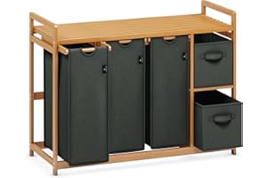 ADEL DREAM Wäschekorb 5 Fächer Wäschesammler 190L Wäscheboxen Mit Korb Wäschesortierer mit 3 Wäschesäcken & 2 Stoffboxen mit Ablage Wäschesack Bambus Wäscheregal Wäschebox Laundry basket Dunkelgrau
