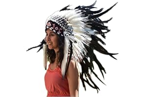 KARMABCN X12 Sombrero Indio, penacho, de Tres Colores Blanco y Negro ydoble Pluma (30 pulgadas/75 cm)