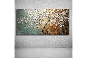 Gbwzz Pittura Ad Olio Dipinto A Mano su Tela,Paesaggio Astratto Textured Dipinti, Fiore di Coltello Bianco Fiori Ciliegio Extra Large Moderno Muro Decorative per Ingresso Soggiorno (90 x 180 cm)