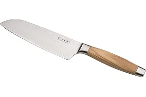 Le Creuset Couteau Santoku, Lame Lisse 18 cm en Acier Damas 18/8, Manche en Bois d'Olivier, Inoxydable, Brun/Argenté,98000218000200