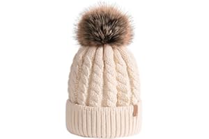 FURTALK Womens Cable Knit Bobble Hat Winter Thermal Thick Cotton Lined Beanie Hats with Detachable Pom Pom…