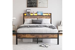 JELUTE Double Size Bed Frame with Charging Station and LED Lights, Wood Headboard with Storage Shelves, Heavy Duty Metal Slats, No Box Spring Needed, Noise Free, Easy Assembly,Black