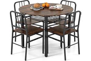 TANGZON Dining Table and Chairs Set 4, 5 Pieces Round Kitchen Table and 4 Chairs with Backrest & Storage Shelf, Space-saving Dining Room Set Furniture for Home Living Room Restaurant (Rustic Brown)