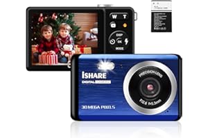 ISHARE Digital Camera for Photography with FHD 1080P 18X Digital Zoom, 30MP Kids Rechargeable Point and Shoot Cameras,Built-in Microphone,Small Camera for Kids/Adult/Elderly/Beginners(Blue)
