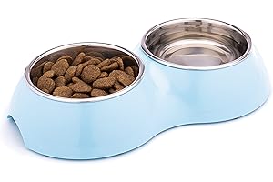 DDOXX Podwójna miska do jedzenia, antypoślizgowa, wiele kolorów i rozmiarów, dla małych i dużych psów, podwójna miska na karmę dla psa, miska dla kotów, miska ze stali nierdzewnej, miska melaminowa, niebieska, 2 x 350 ml