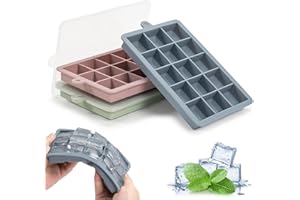 BAFIWU Lot de 3 bacs à glaçons en silicone avec couvercle, 15 glaçons par plateau pour congélateur, eau, nourriture pour bébé, whisky, cocktail et boisson, démoulage facile, sans BPA (rose, bleu, vert)