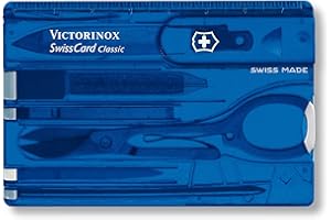 Victorinox Swiss Card, Multitool de Poche Suisse, Taille de La Carte de Crédit, 10 Fonctions, Stylo, Ciseaux, Bleu Transparent