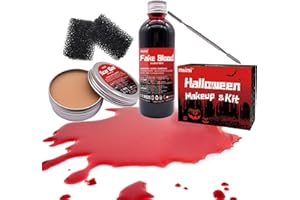 RNAIRNI Halloween Kunstblut 4er Set Fake Blood 100 ml + Modellierwachs Haut Wachs 50g + 1 Spatel +2 Grober Schwamm für theaterschminke halloween schminke fake skin halloween make up Zombie Wundschorf Schminke