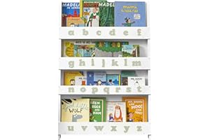 Tidy Books® Kids Book Shelves with ABC (Age 0-10) Kids Wall Bookshelf, Montessori Book Display, Front Facing, 115 X 77 X 7 cm, White, Grey Letters, Eco Friendly, Handmade, The Original since 2004.