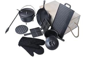 Froadp Set di Forni Olandesi Dutch Oven Set Include Una Padella Teglia da Forno Casseruola Gancio a Mano Ecc Pentola per Grigliare Pentola in Ghisa per Il Campeggio Indoor Outdoor BBQ (10 Pezzi)
