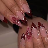 BelleFlair 24 pièces Faux Ongles Amande Mi-Longs, Faux ongles French Rouge avec Design Fleur 3D, Ongles Brillants à Coller po
