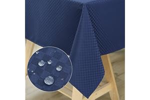 WELTRXE Square Tablecloth Water Resistant Polyester Table Cloth Checkered Plaid Dining Table Cover Spill Proof for Home Restaurant Party Buffet, Navy Blue,140 * 140cm