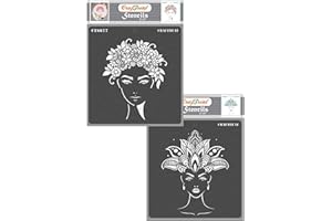 CrafTreat Stencil riutilizzabile per viso di ragazza - Ragazza di fiori e principessa ereditaria - Confezione da 2-6x6 pollici - Stencil per viso di donna per dipingere su tela - Stencil per viso