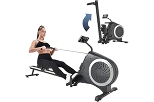 Merax Máquina de Remo de Aire + magnético para Uso doméstico, máquina de Remo Plegable con 8 Niveles de Resistencia del Ventilador Ajustable, Barra Deslizante de aleación de Aluminio, LCD