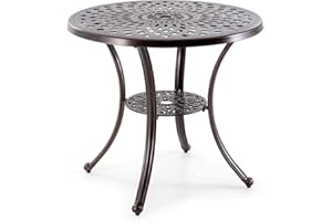 COSTWAY Mesa Redonda Jardin Exterior 79x79cm, Aluminio Fundido, Sombrillaφ5cm, Estante Inferior, Terraza Balcon, Cobre Rojo