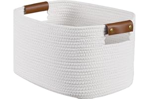 Patvingot Woven Cotton Rope Storage Basket for Shelves,with Detachable Leather Handles for Closet Storage, Laundry Baskets,Toy Towel Storage, Baskets for Bathroom Organizer(White, 1 Pack)