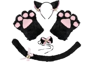 Kinsinder Katze Cosplay Set, Katzenkostüm Kinder, Katzenohren Stirnband Kätzchen Schwanz Ohren Kragen Pfoten Handschuhe Party Kostüm Set für Kinder Frauen Mädchene