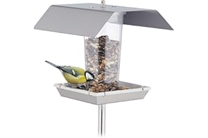 Relaxdays Vogelfutterhaus Edelstahl, Vogelfutterspender zum Aufhängen, mit Erdspieß, Futterstelle für Wildvögel, Silber, 16 x 17.5 x 17 cm