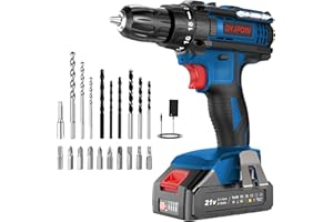 DYJPOW 21V Taladro Atornillador Bateria con 2.0Ah Batería, Atornillador Electrico 42Nm, 18+1 Ajuste de Par, 22 Accesorios, 2 Velocidad, LED Luz Para Hogar, Bricolaje, Azul