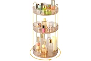 Lnueovcn Makeup Organiser 360 Degree Rotating Skincare Organiser, Large Capacity Spinning 3 Tiers Cosmetic Organiser Make Up Storage for Perfume, Brush, Vanity Table, Bedroom, Bathroom (Amber)