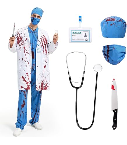 CoolChange Halloween Kostüm Zombie Chirurg Größe M – Inkl. Blutiger Kittel, Hose, OP-Maske, Kunstblut & Leichenhand