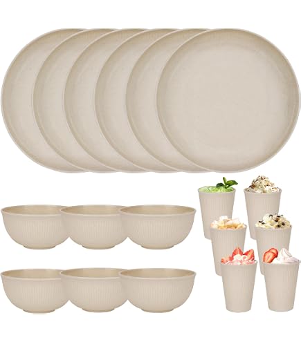 Melamine Eetset Voor 6 Personen – 24 Delig Met Acryl Drinkglazen, Bruin Houtlook, Onbreekbaar, Vaatwasserbestendig, Ideaal Voor Camping En Festivals
