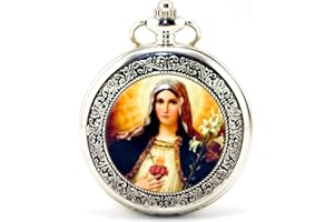 INFINITE U Unendlich U Retro Blessed Virgin Mary Silver Hohle Skeleton Mechanische Taschenuhr mit Pendant-Kette für Damen/Herren
