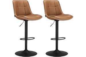 VASAGLE Tabourets de Bar, Lot de 2, Chaise de Cuisine, Siège Pivotant à Hauteur Réglable, Matelassé, en PU, avec Dossier et Repose-Pieds, Salle à Manger, Comptoir, Acier, Marron Caramel LJB095K01