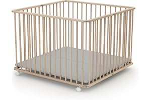 WEBABY - Parc pliant 100X100 Hêtre Brut| Parc XXL avec 4 roulettes | Fond réglable 3 hauteurs | Pour enfant jusqu'à 24 mois