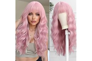 Esmee Lungo Ondulato Parrucche Rosa con Frangetta Parrucca Naturale Parrucca Sintetica Cosplay Parrucche per le Donne per la Festa Quotidiana Cosplay Wear