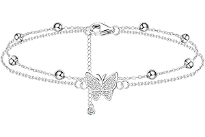 Finrezio Pulsera de tobillo en capas de plata de ley 925 para mujer, cadena de mariposa, corazón con cuentas de plata, tobillera ajustable de verano para playa, joyería de pie