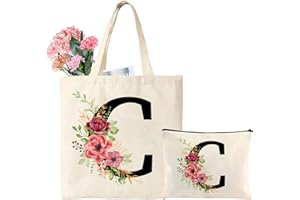 Tarklanda Cadeau Femme, Sac Fourre-Tout Initiale Personnalisé, Fourre Tout en Coton Trousse de Maquillage, Personnalisés Cadeau pour Dame, Amie, Maman, Anniversaire, Noël, Plage, Vacances (C)