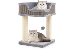 COSTWAY Petit Arbre a Chat 51 cm, 2 Poteaux à Griffer en Sisal, 2 Plateformes, Peluche Douce, Pompon Suspendu, Arbre a Chat Bois, Montage Facile, Charge 10 kg, 38 × 38 × 51 cm (Gris)