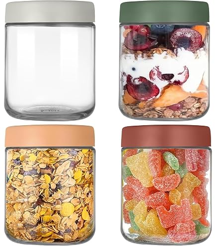 Cotepi 4Pz 500 ML Barattoli in vetro,Barattoli di Avena con Coperchio di Vetro, Contenitore di Vetro per Avena Riutilizzabili, per yogurt, budino, insalata, miele