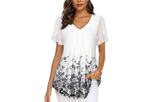 ACDAY Womens Blouses V Neck Ladies Tops Petal Short Sleeve Chiffon Tops Double Layers Mesh Tunic Tops Casual Shirts
