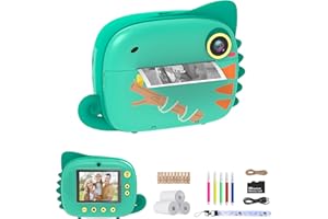 TIATUA Aparat dziecięcy natychmiastowy nadruk, aparat cyfrowy dla dzieci z podwójnym obiektywem 20 MP i kartą SD 32 G, aparat natychmiastowy bez atramentu i kamera wideo, papier fotograficzny i zabawne akcesoria w zestawie, prezent dla dziewcząt i chłopców w wieku 3+ (zielony)
