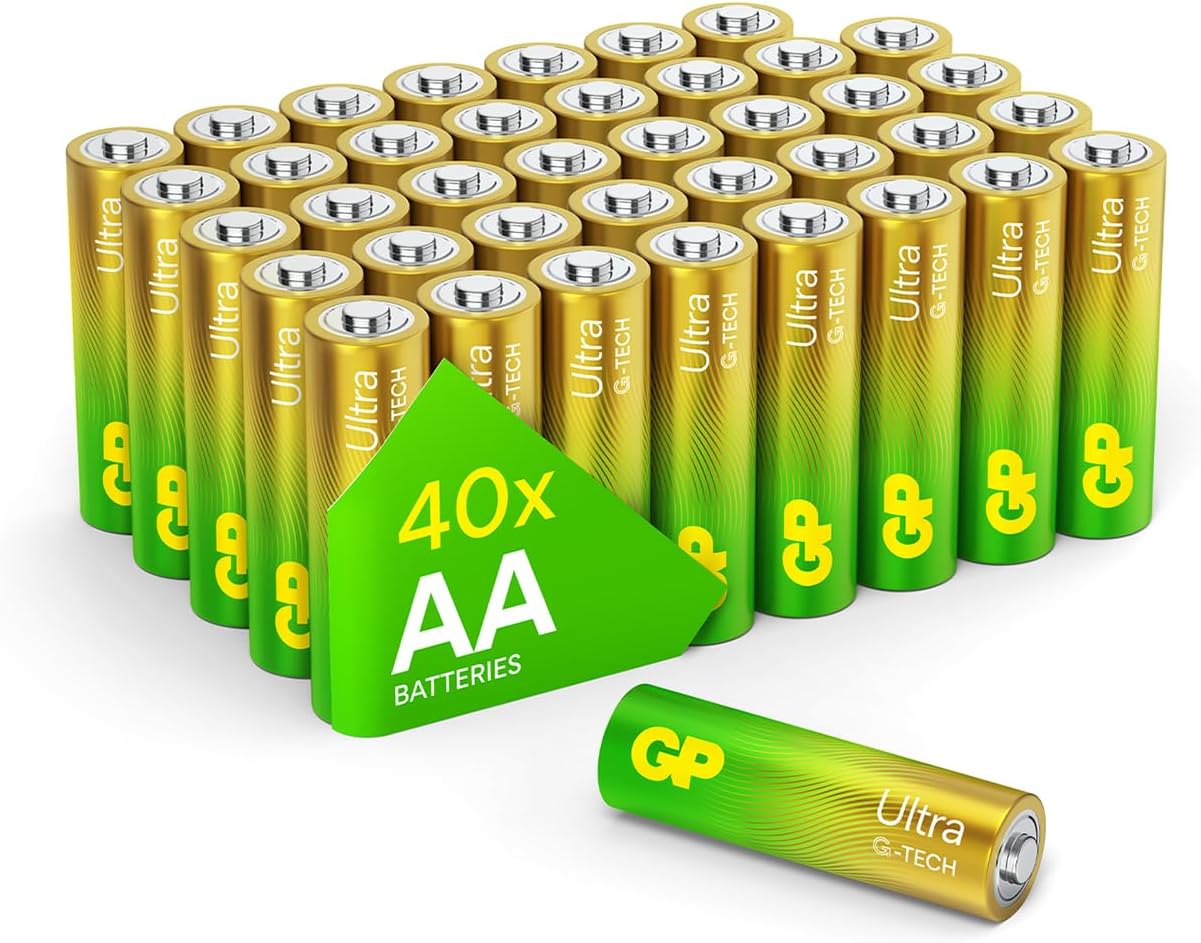 GP Ultra AA Batteries 40 Pack – 1.5V Alkaline Double A Batteries – 10-Year Shelf Life – Reliable Power for Toys, Remotes, Clo