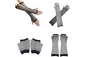 LSYYSL Paquete de 3 pares de guantes de rejilla largos y cortos, guantes vintage de malla sin dedos, guantes de rejilla elásticos de los años 80, guantes rejilla brillantes diamantes para fiestas temáticas