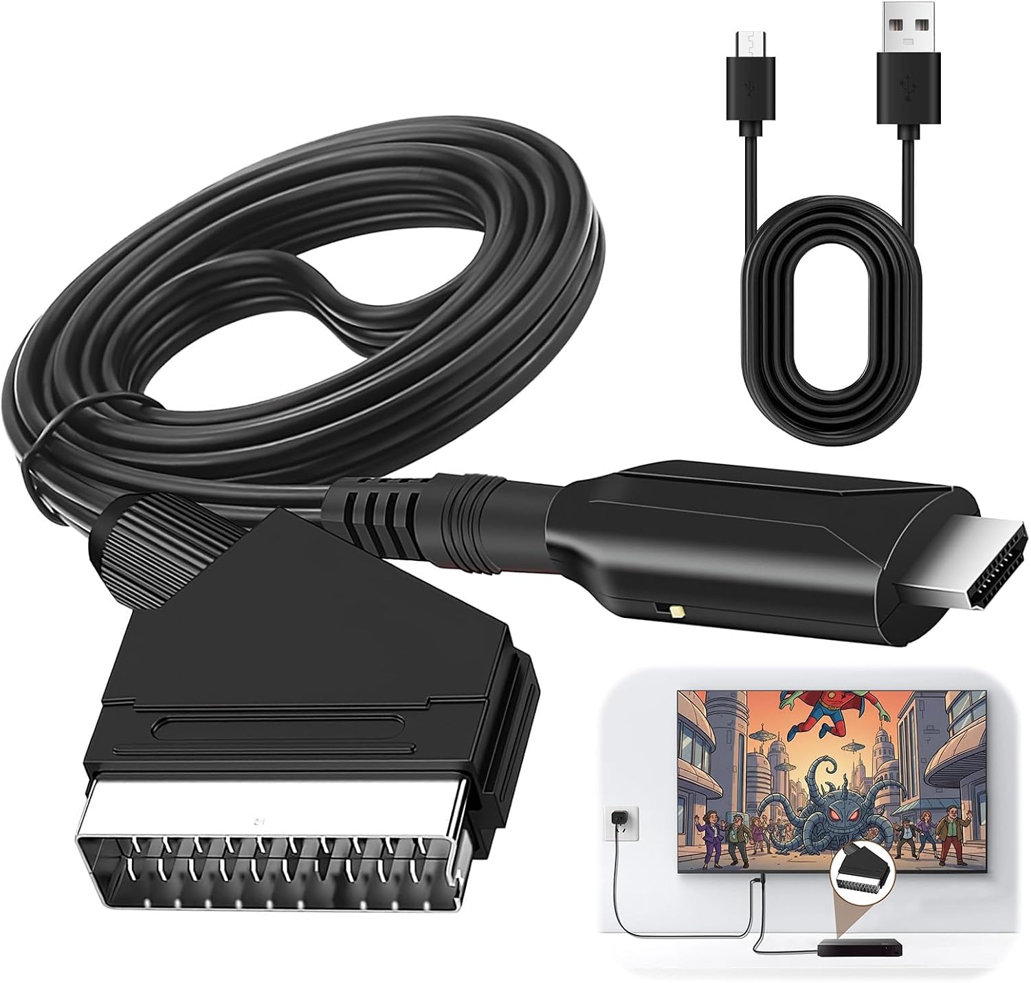 Cable Adaptador SCART a HDMI, Convertidor Euroconector a HDMI Todo en uno Cable Euroconector a Hdmi HD 720/1080P Convertidor Audio/Video con SCART Cable para HDTV STB VHS Xbox PS3 Sky DVD Blu-ray