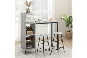TANGZON 3 Pieces Bar Table Set, Steel Frame Dining Table and 2 Stools with Wine Racks, Glass Holders, Open Shelves & Footrest, Breakfast Dining Furniture Sets for Home Kitchen Pub Cafe (Grey)