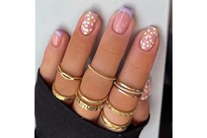 JUSTOTRY 24 Pcs Floral Square Short False Nails,Lilac Purple French Press on Nails Pattern, Daisy Fake Nails Medium with Nail Glue,Stick on Nails for Women,Squoval Nails Fake Nail for Nails Art