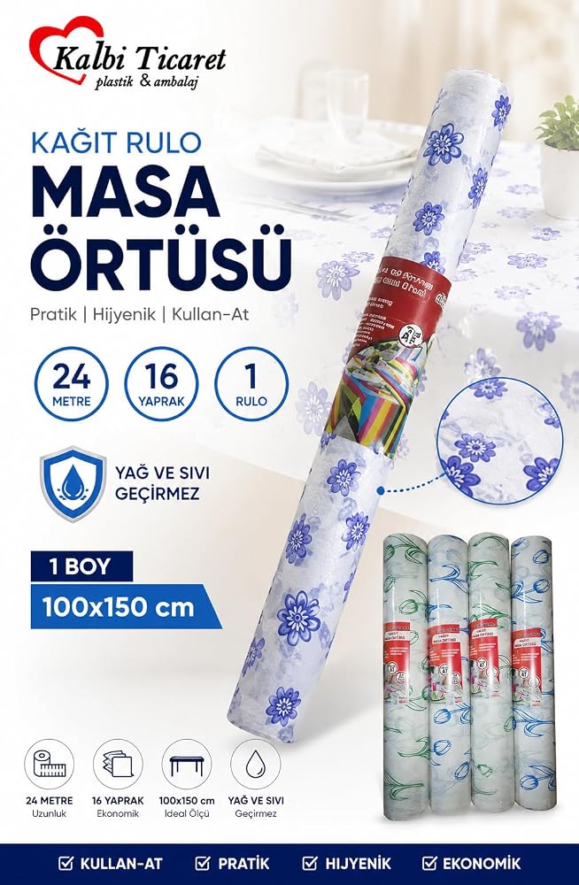 Kalbi Ticaret Kağıt Masa Örtüsü 24 Metre 16 Yaprak Kullan At Masa Örtüsü Sıvı Geçirmez Desenli Örtü 100x150 cm