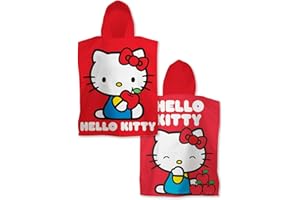 Character World Toalla Poncho Oficial con Capucha Hello Kitty | Tacto súper Suave, diseño Travieso, Albornoz Cambiador hogar, el baño y la Playa, Rojo, 55 x 50 cm