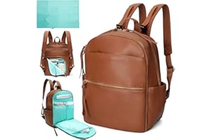 MISS FONG Baby Changing Bag Nappy Changing Bag Leather Diaper Bag Baby Bag With Back Pocket & Changing Mat For Mum-Brown