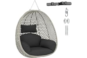 COSTWAY Swing Egg Chair, Upholstered PE Rattan Wicker Hammock Chair with Soft Thick Cushion and Head Pillow, Heavy-duty Hanging Egg Basket Seat for Garden Patio Yard Living Room (1, without Stand)
