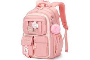 Amythe School Bag for Girls, Breathable Girls Backpack for Primary Secondary School, Kawaii Nylon Rucksack with Pendant and Decoration