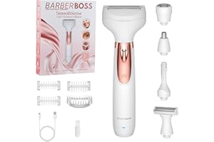 ‎BARBERBOSS BarberBoss 5-in-1 Damen Elektrorasierer, wiederaufladbares Haarentfernungsset, Ladyshaver, Bikinizone, Gesicht, Nasen und Augenbrauentrimmer, kabelloser Nass und Trockenrasierer für Damen, QR-8005