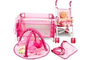 ANIVIA 5PCs Baby Puppe Kinderwagen Set mit Baby Puppe Zubehör Set beinhaltet Puppe Kinderwagen/Puppe Krippe/Spielmatte/Fütterungsspielzeug/Windel Tasche